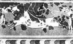 Акробаты с быком. Фреска Кносского дворца. XV в. до н. э. Гераклейон. Музей 