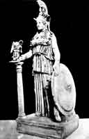 Афина Варвакион. Уменьшенная мраморная копия римского вречени статуи Афины Парфенос Фидия (438 г. до н. э.). Афины. Национальный музей