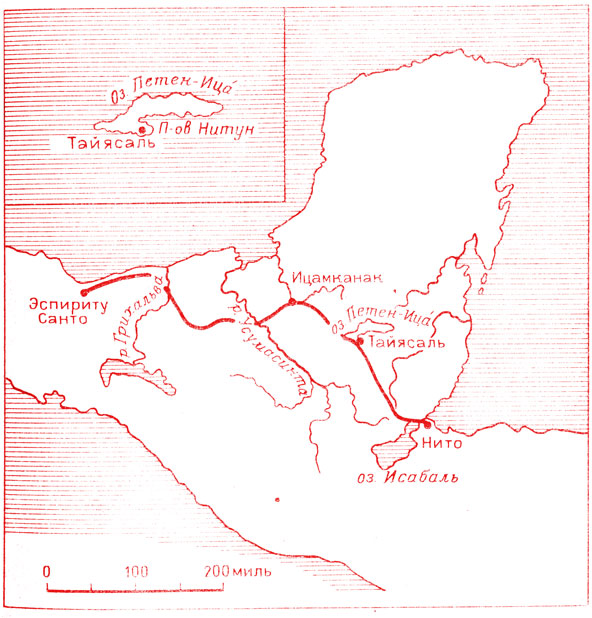 Схема вероятного маршрута Кортеса во время его похода в Гондурас в 1524-1525 гг.