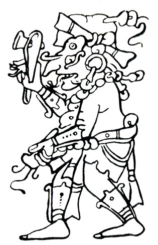 Чак - бог дождя и плодородия у древних майя, несущий факел и каменный топор-кельт (характерные орудия майяского земледельца), рисунок из Дрезденской рукописи майя, XII в. н. э