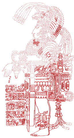 Правитель майя в сцене 'ритуального сева', изображение на стеле 21 из города Тикаля, Гватемала, VIII в. н. э
