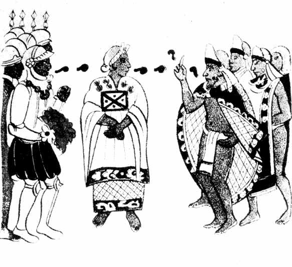 Встреча Кортеса с Моктесумой. (Рисунок из старой мексиканской рукописи).