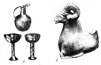 а - Золотые сосуды из Аладжа-Хююка (дохеттская эпоха); б - Хеттский ритон из Кара-Хююка (Эльбистан)