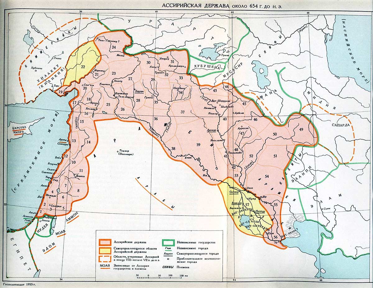 Карта. Ассирийская держава около 654 г. до н.э.