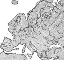 Очертания материка Европы в раннем плейстоцене.