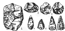 Мустьерские орудия из пещеры Эт-Табун (Палестина): 1 — пластина; 2 — скребло; 3 — дисковидный нуклеус; 4, 5 и 6 — остроконечники.