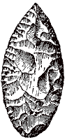 Верхнепалеолитические изделия из Сибири:наконечник лавролистной формы—с Верхоленской горы, около Иркутска.