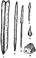 Предметы из неолитических стоянок Кунды и Пярну (Эстония): 1— костяная пешня; 2, 3 и 4 — костяные наконечники стрел, 5—костяной рыболовный крючок; 6 — обломок глиняного сосуда.
