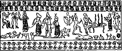 Человеческое жертвоприношение. Оттиск хурритской цилиндрической печати. Середина II тысячелетия до н.э.
