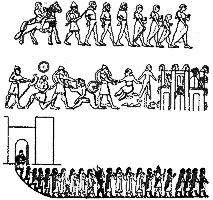 Увод и казни пленных. Верхние два ряда — с рельефов IX в. до н. э. нижний — с рельефа VXI в. до н. э. 