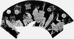 Урок музыки в афинской школе. Изображение на краснсфигурном сосуде.  Работа вазописца Дуриса. Первая половина V в. до н. э.