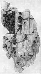 Эпизод из Самнитской   войны. Фреска   о   Эсквиипнского   холма   в  Риме. III—II   вв. до н. э.