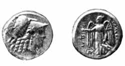 Золотая монета   Александра   Македонского  с изображением   головы   Афины и фигуры Никэ.