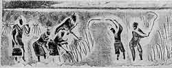 Сцена жатвы. Рельеф на кирпичах из ханьскрго могильного склепа в районе города Чэнду (провинция Цычуань). Около I в. н.  э.