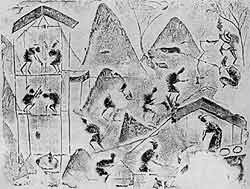 Добыча каменной соли.Рельеф на кирпичах из ханьского могильного склепа в районе города Чэнду (провинция Сычуань). Около I в. н. э.
