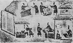 Сцена на рынке. Рельеф на кирпичах из ханьских могильных склепов в районе города Чэнду (провинция Сычуань), Около I в. н. э.