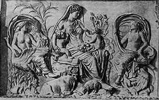 «Благоденствие Италия»: богиня земли и аллегорические изображения воды и воздуха. Рельеф «Алтаря мира» Августа. 13-9 гг. до н.э.