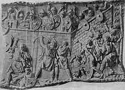 Осада даками римской крепости (эпизод из первой войны с даками). Рельеф колонны  Траяна в Риме. Начало II в. н. э.