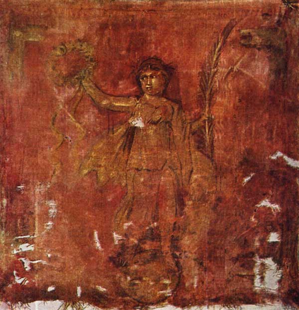 Римское знамя (Vexillum)  с изображением богини Виктории на шаре. Рисунок золотом на холсте. III в. н.э.