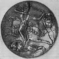 Сасанидское серебряное блюдо с изображением Шапура  II, охотящегося на львов.