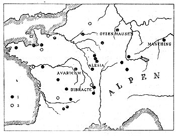 Рис. 28. Murus gallicus, главная область распространения. (1 установленные находки,   2   предполагаемые   находки).   Исправленная  и расширенная   карта М. А. Коттон.