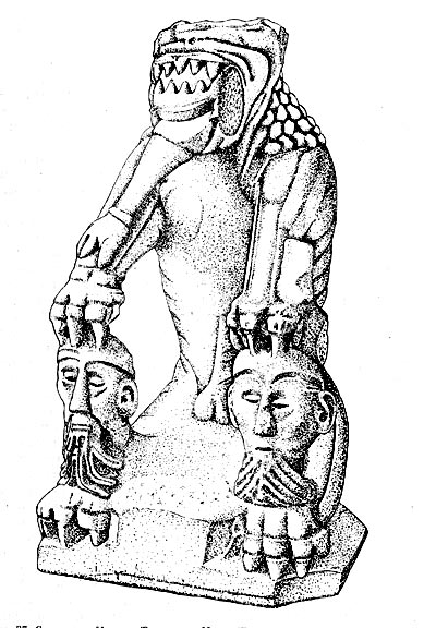 Статуя из  Нова — Тараске де-Новэ   (Буш-дю-Рон)   Пожирающее человека чудовище, лапы которого опираются на две бородатые головы   Местный  камень, доримская эпоха   Высота 112 см   Музей Кальвэ, Авиньон