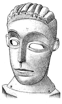 Рис. 46. Мужская бронзовая маска из Гаронсьер-ан-Бос   (Ёр  и  Луар)     Бронзовый лист,   высота  9,8   см.  Музей   де Шартр (Франция)