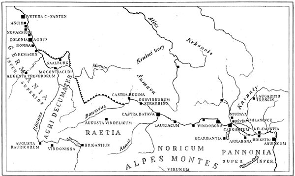 Рис. 50. Укреплённая граница на Рейне и Дунае и главные лагери римских войск.