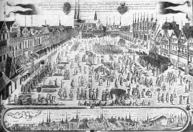 Рыночная площадь в Любеке. Гравюра около 1580 г.