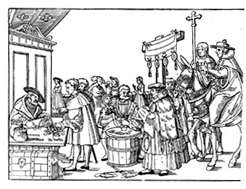 Продажа индульгенций в начале XVI в. Гравюра на дереве Иорга Брея Старшего