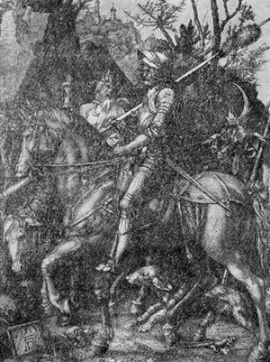 Рыцарь, дьявол и смерть. Гравюра А. Дюрера. 1513 г.