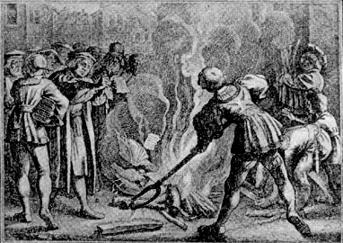 Лютер в Виттенберге сжигает папскую буллу о своём отлучении. Гравюра 1619 г.