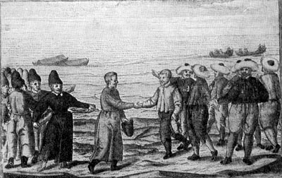 Встеча русских 'промышленных людей' с голландскими купцами на берегу Ледовитого океана. Гравюра 1595 г.