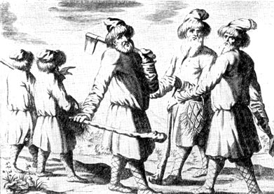 Крестьяне. Гравюра из книги А. Олеария 'Описание путешествия'. 1656 г.