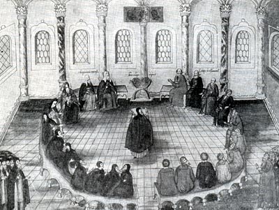 Заседание земского собора 1613 г. Миниатюра из рукописи 'Избрание на царство М.Ф. Романова'. 1673 г.