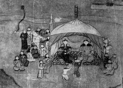 Совещание в шатре Алтан-хана. Китайский рисунок. XVI в.