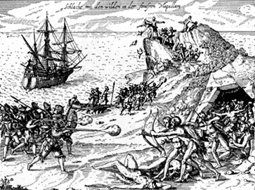 Нападение голландцев на жителей острова в Магеллановом проливе. Гравюра конца XVI в.