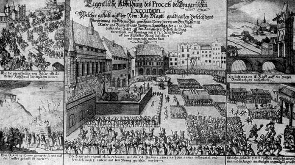 Казнь чешских дворян и горожан в 1621 г. в Праге. Листовка того времени.