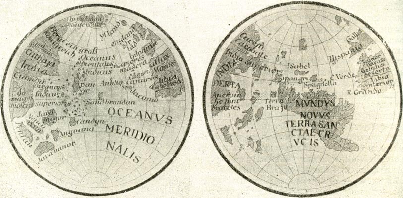 Глобус Мартина Бехайма 1492 г. (до открытия Америки) - слева. Глобус Ленокса 1510-1512 гг. (после открытия Америки) - справа.