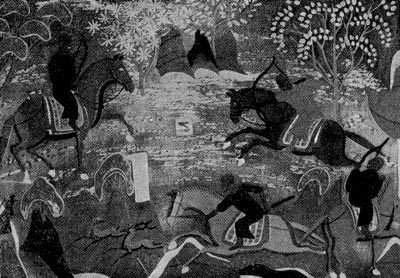 Охота. Стенная роспись в пещерном монатыре в Дуньхуане. VI-VII вв.