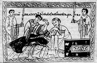 Отрезание руки у 'святого' после его смерти для использования её в качестве реликвии. Миниатюра XII в.