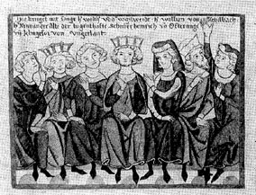Состязание миннезингеров в Вартбурге в 1207 г. Миниатюра из рукописи. XIV в.