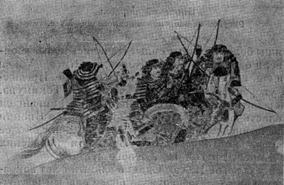 Японские воины в дозоре во время монгольского нашествия 1281 г. Рисунок из свитка XIII в.