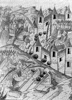 Оборона города Козельска в 1238 г. Миниатюра из 'Лицевого летописного свода'. XVI в.