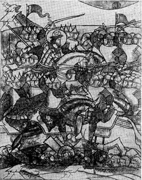 Ледовое побоище 1242 г. Миниатюа из 'Лицевого летописного свода'. XVI в.