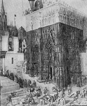 Постройка готического храма. Миниатюра Жана Фукэ. XV в.