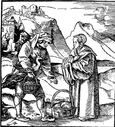 Сеньор взимает с крестьянина хлеб, яйца и птицу. Гравюра на дереве Ганса Леонарда Шейфелейна. Начало XVI в.