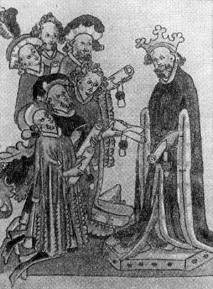 Раздача привилегий королём. Миниатюра школы Дипольда Лаубера из Гагенау. Около 1430 г.