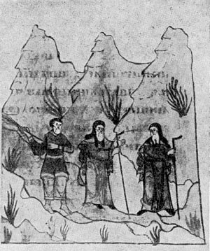 Крестьянин изгоняет монахов с захваченной ими земли. Миниатюра из 'Жития Антония Сийского'. Список 1648 г.