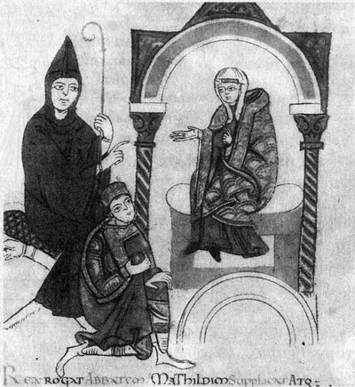 Генрих IV умоляет аббата Клюни и маркграфиню Матильду о заступничестве перед папой. Миниатюра (XII в.)